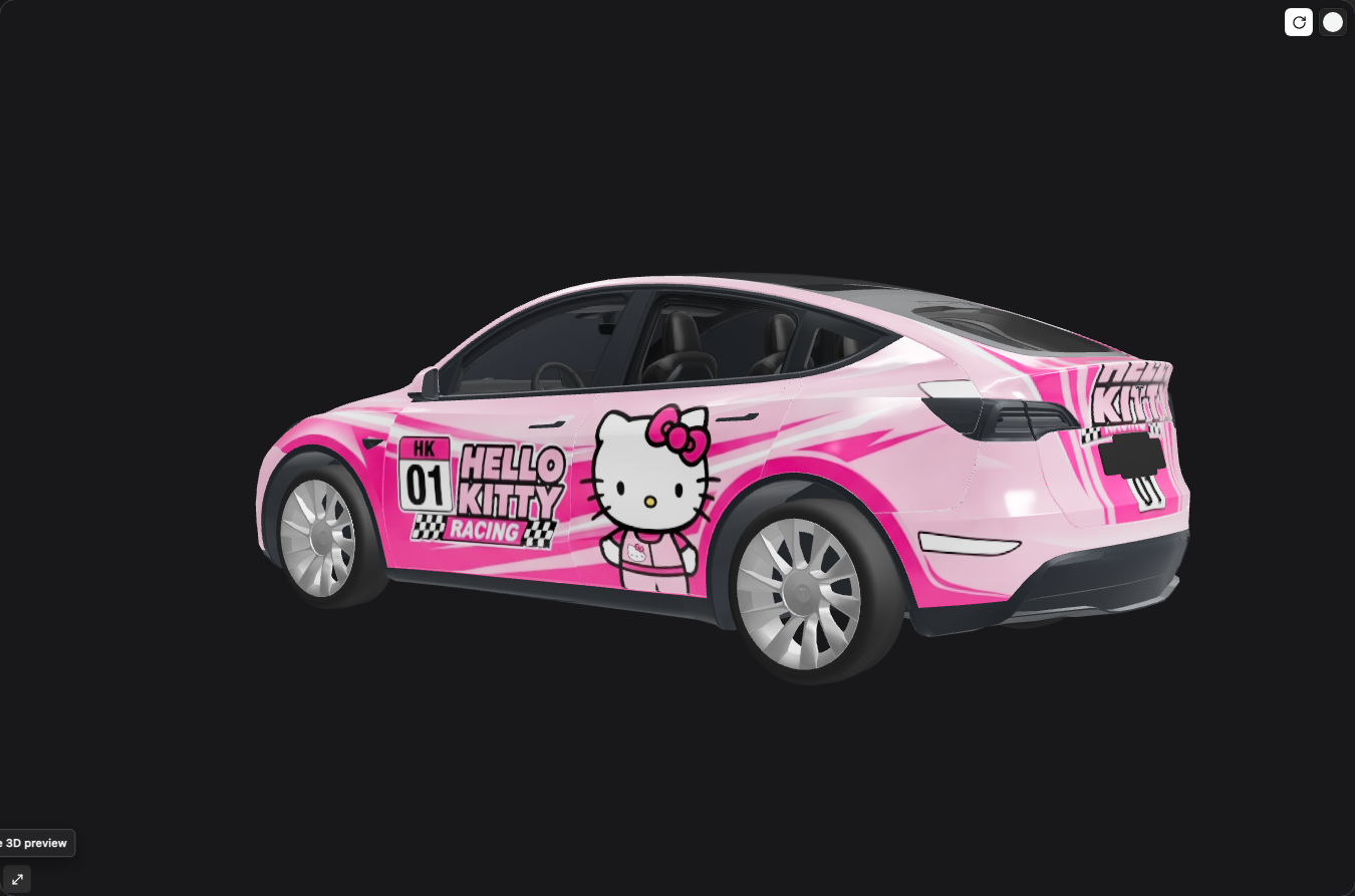 Tesla Model Y wrap design with pink stripes, Hello Kitty graphics and racing lettering in an actual rear three-quarter 3D preview