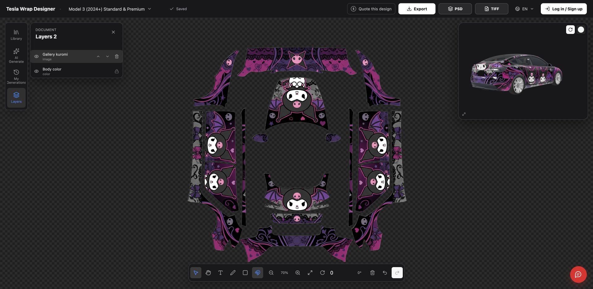 Production WrapLab3D editor showing the purple Kuromi Model 3 flat template beside a small side-view 3D preview